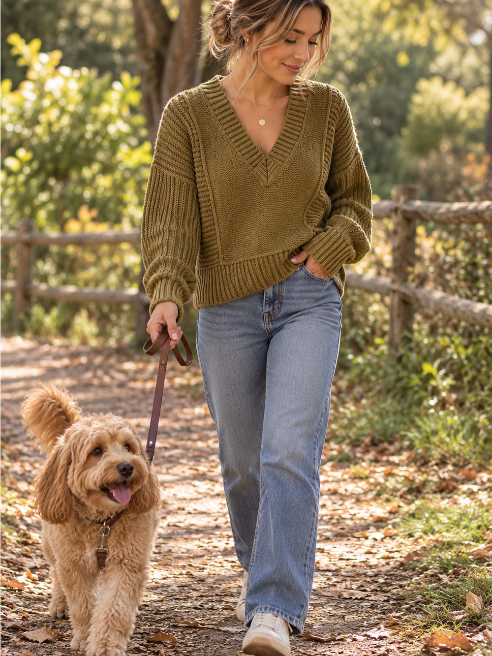 CAbi Olive V-Neck Chunky Knit Sweater cozy thick